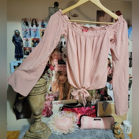 Guess Tops - Guess Pink Ruffle Off Shoulder Front Tie Blouse Medium